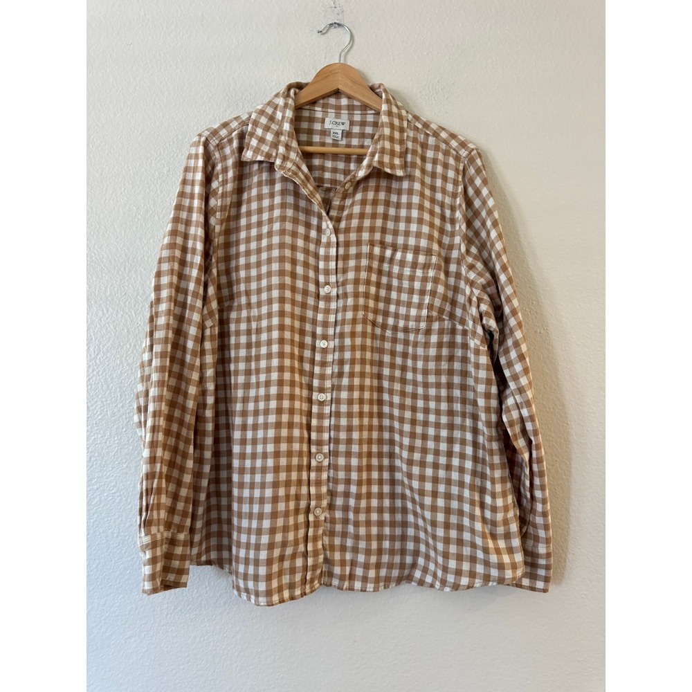J.Crew Gingham Button Down Shirt Long Sleeve XXL Tan White BB306 Excellent